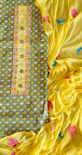 Elegant Pure Cotton Printed Suit with Neck Work & Chiffon Brush-Paint Dupatta